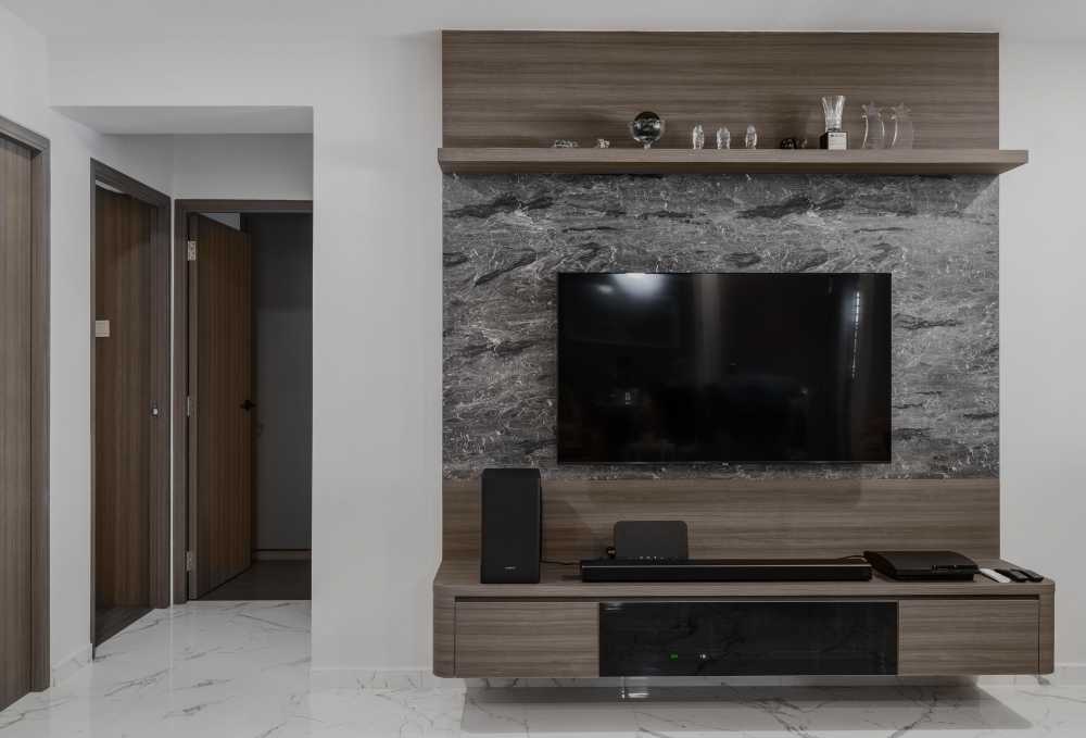 contemporary living room with homogeneous tiles and herringbone tiling