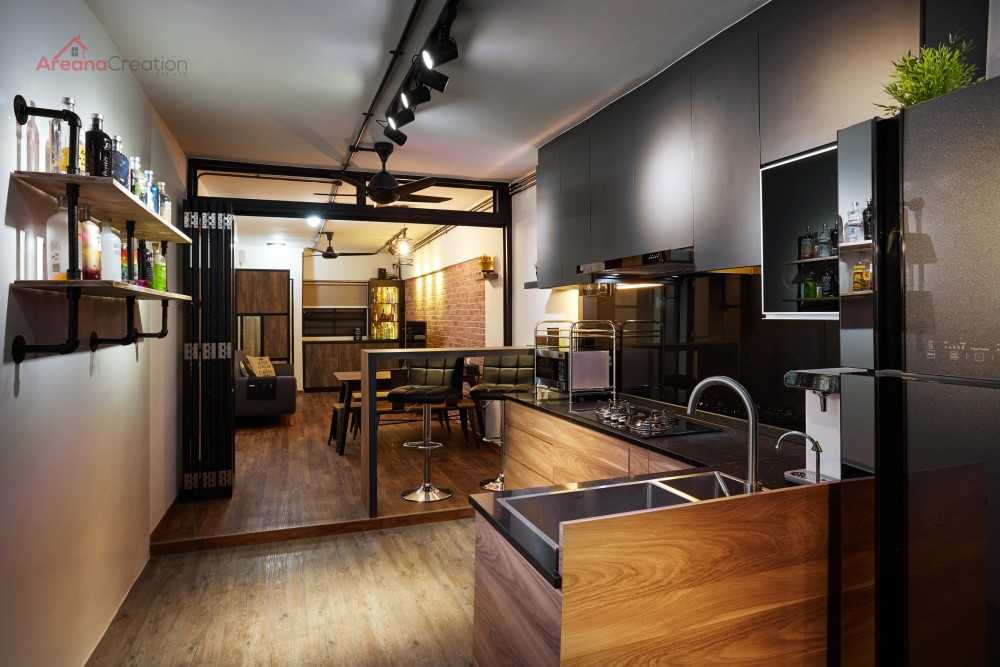 industrial kitchen with parquet floor and granite floor