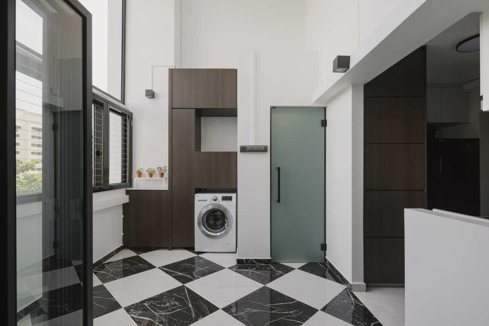 modern balcony with marble floor and glass door