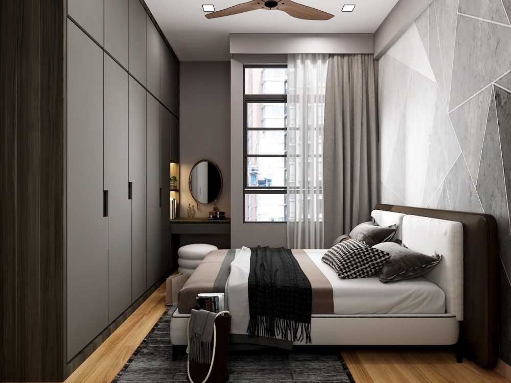 modern bedroom with parquet floor and closet