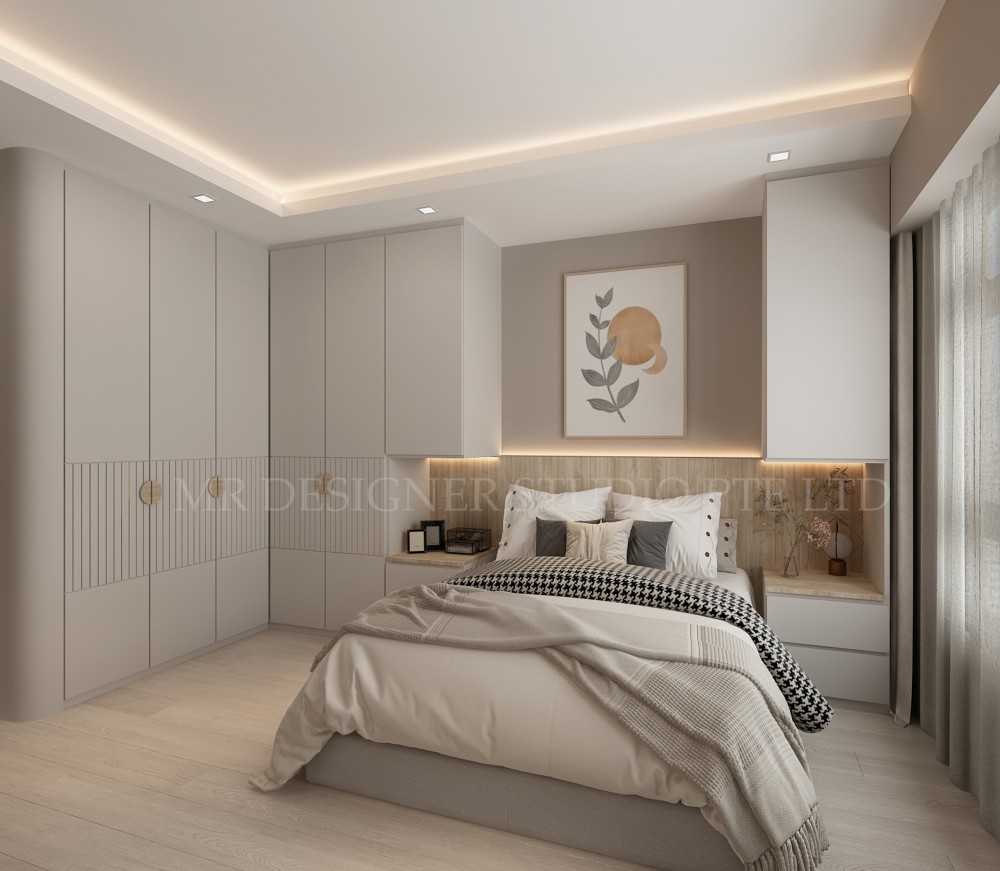 contemporary bedroom with cove lighting and wardrobe