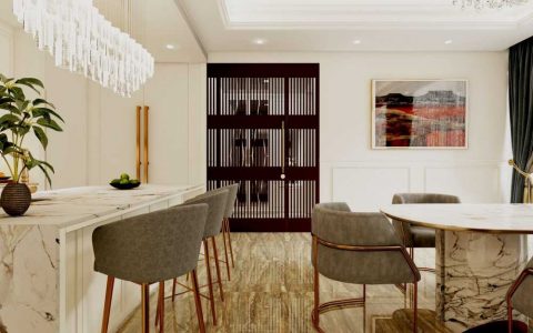 contemporary dining room with cove lighting and ceiling light