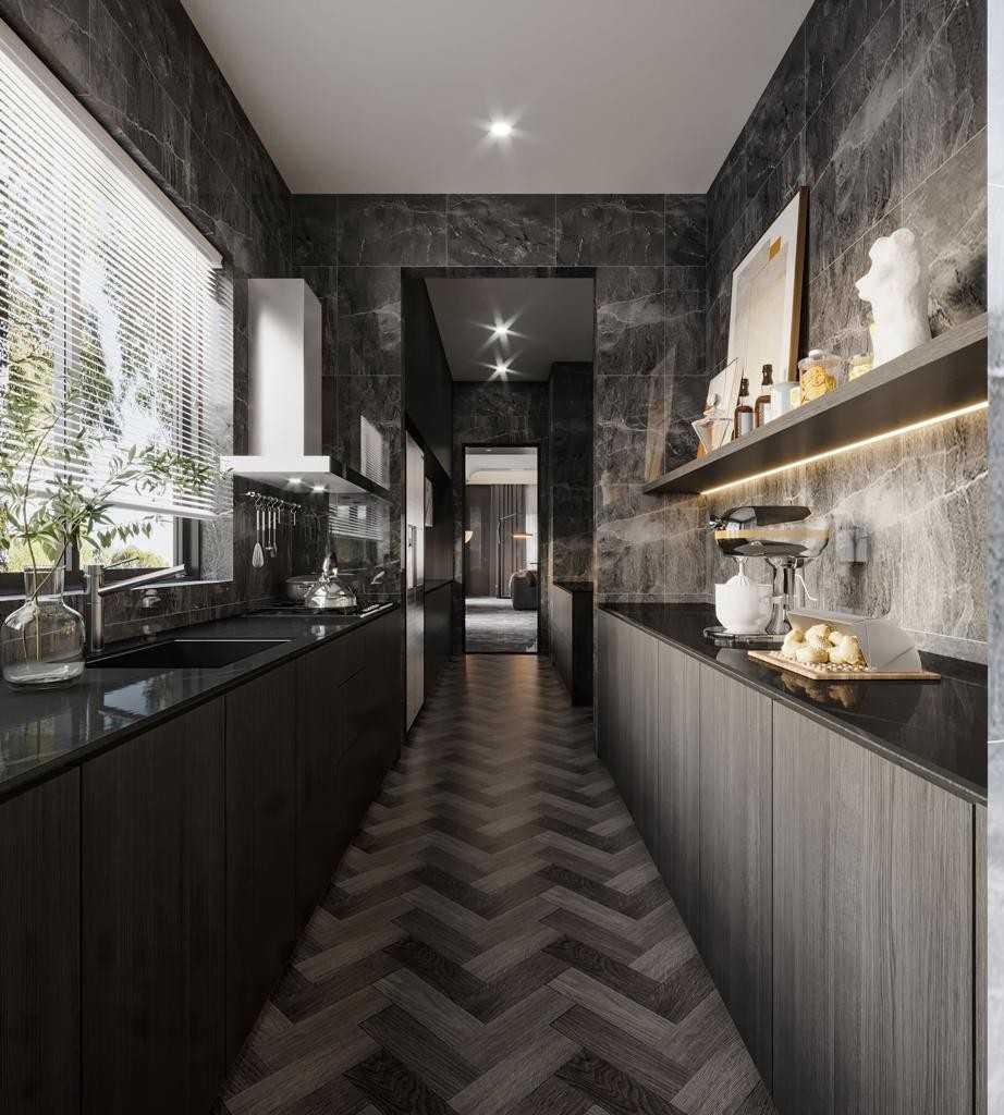contemporary kitchen with homogeneous tiles and herringbone tiling