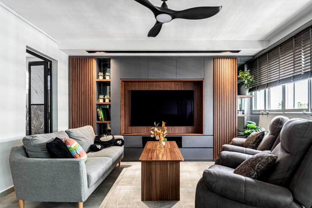 contemporary living room with feature wall and ceiling fan