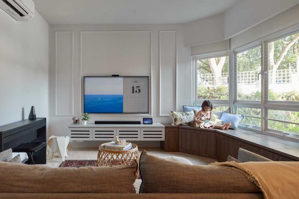 contemporary living room with tv console and feature wall 2