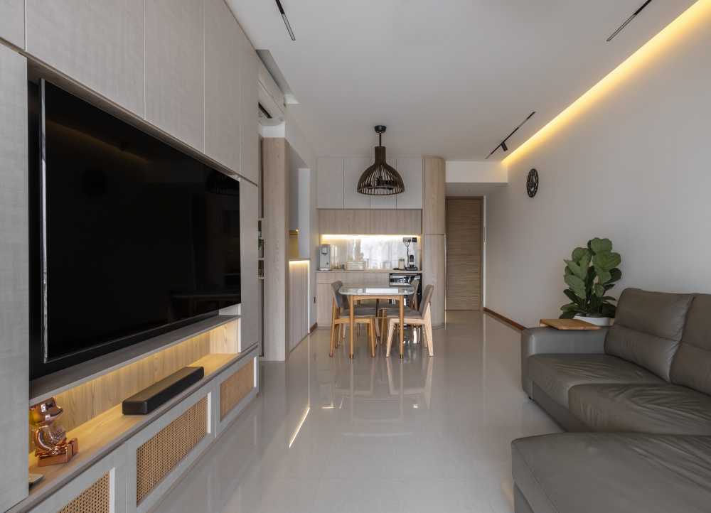 contemporary living room with tv console and feature wall 3