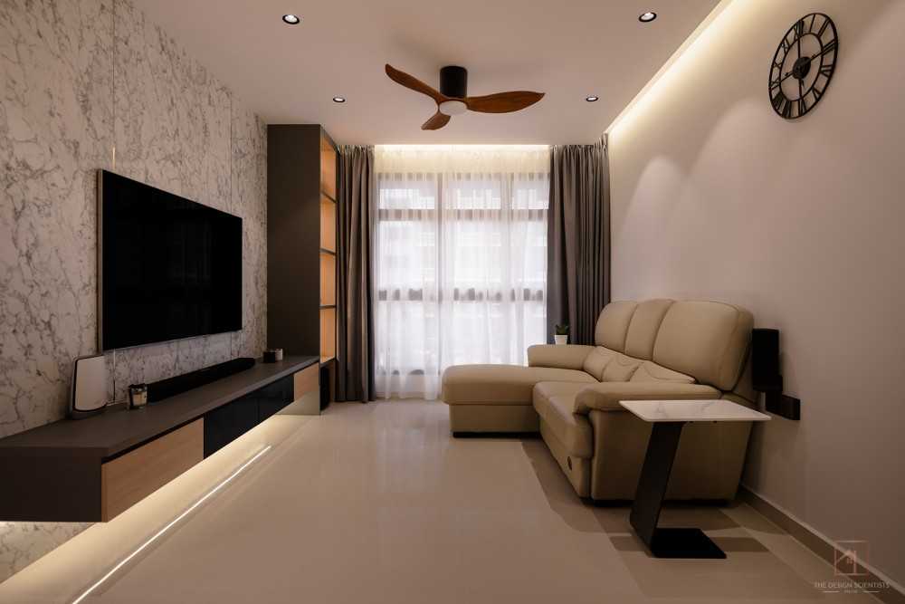 contemporary living room with tv console and feature wall