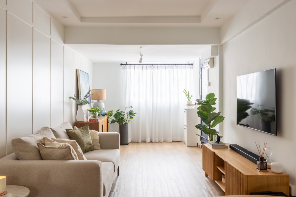 contemporary living room with vinyl flooring and tv console