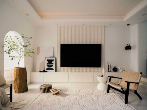 minimalist living room with homogeneous tiles and tv console 2