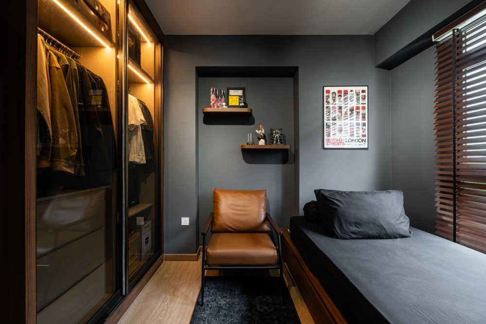 modern bedroom with platform bed and vinyl flooring