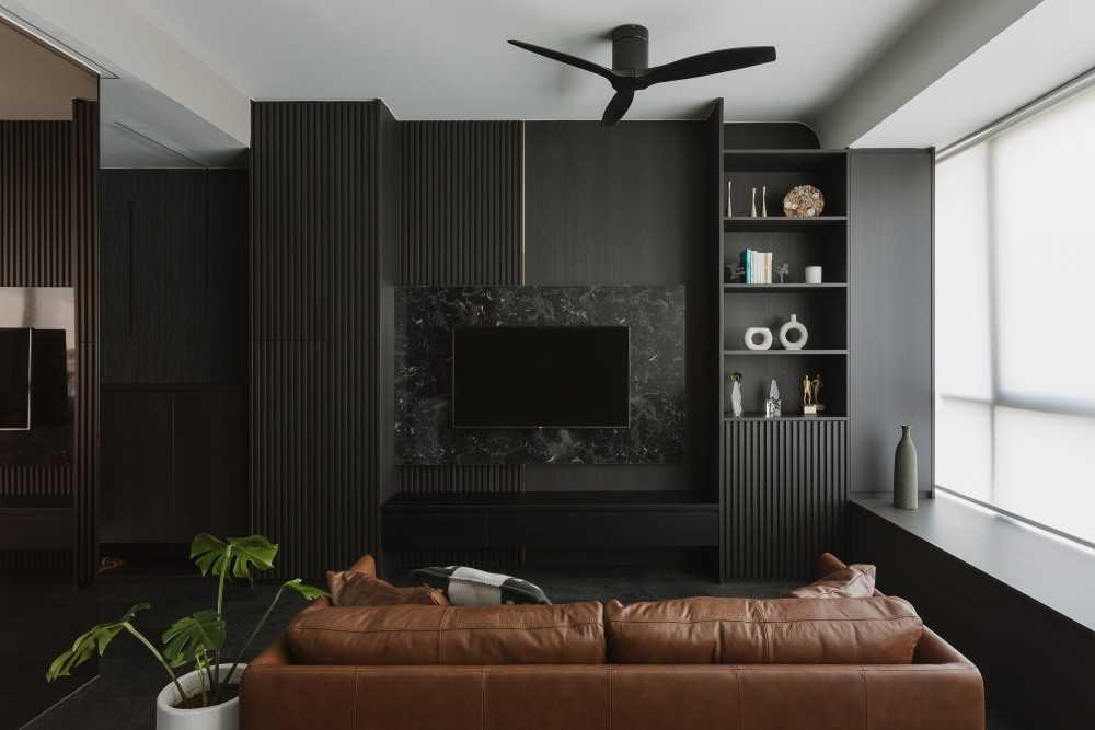 modern living room with feature wall and roller blinds