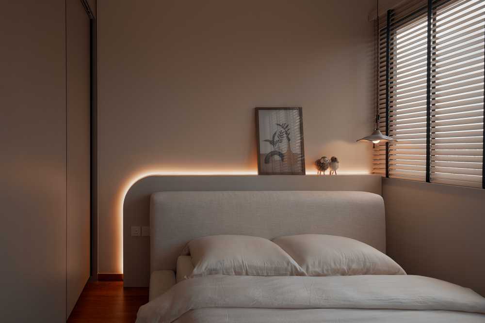 scandinavian bedroom with downlights and queen bed