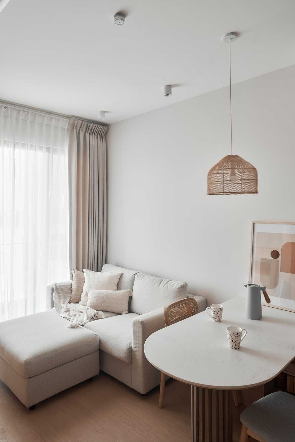 scandinavian living room with ceiling light and sofa