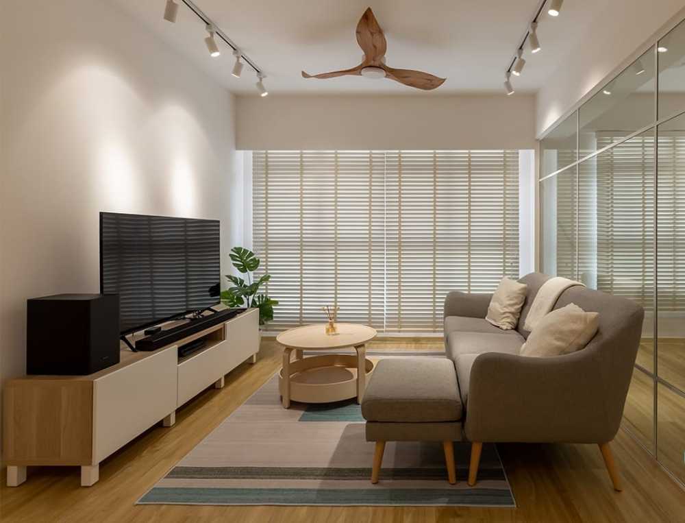 scandinavian living room with vinyl flooring and tv console