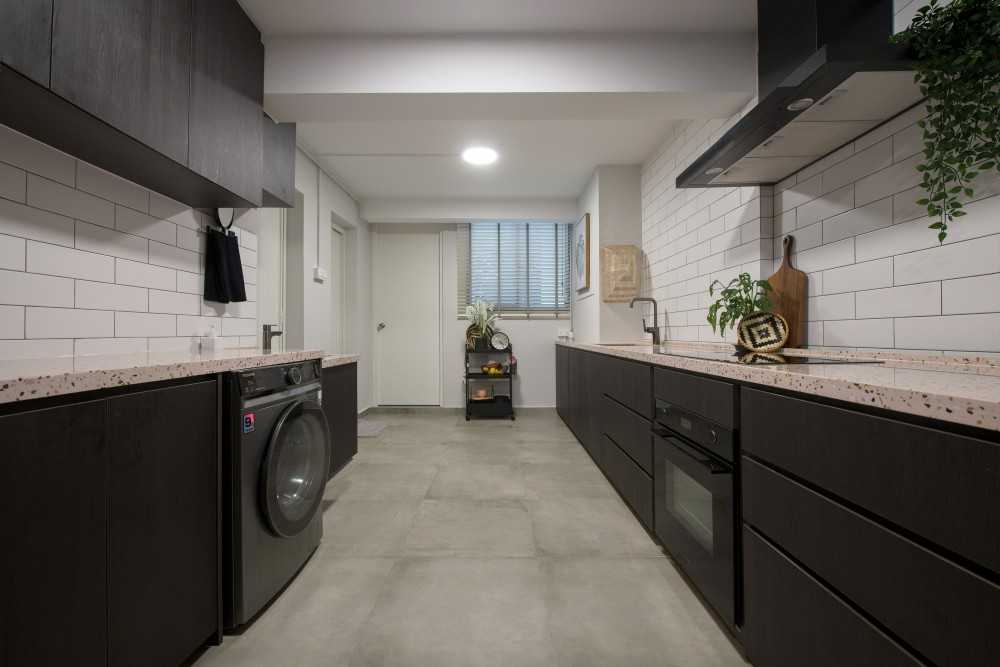 vintage kitchen with countertop and homogeneous tiles