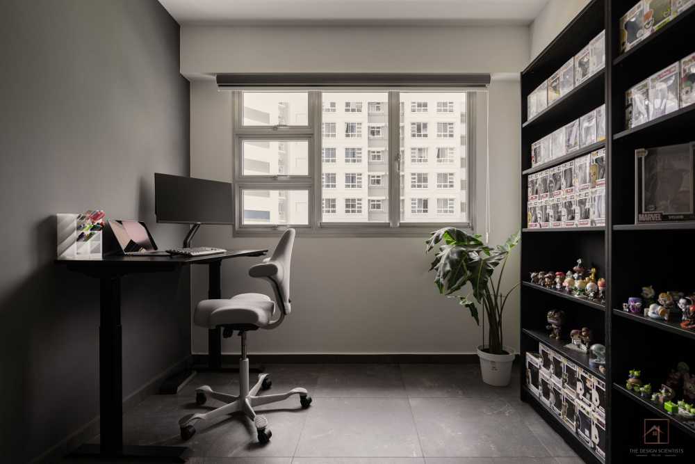 contemporary study with bookshelf and storage cabinets