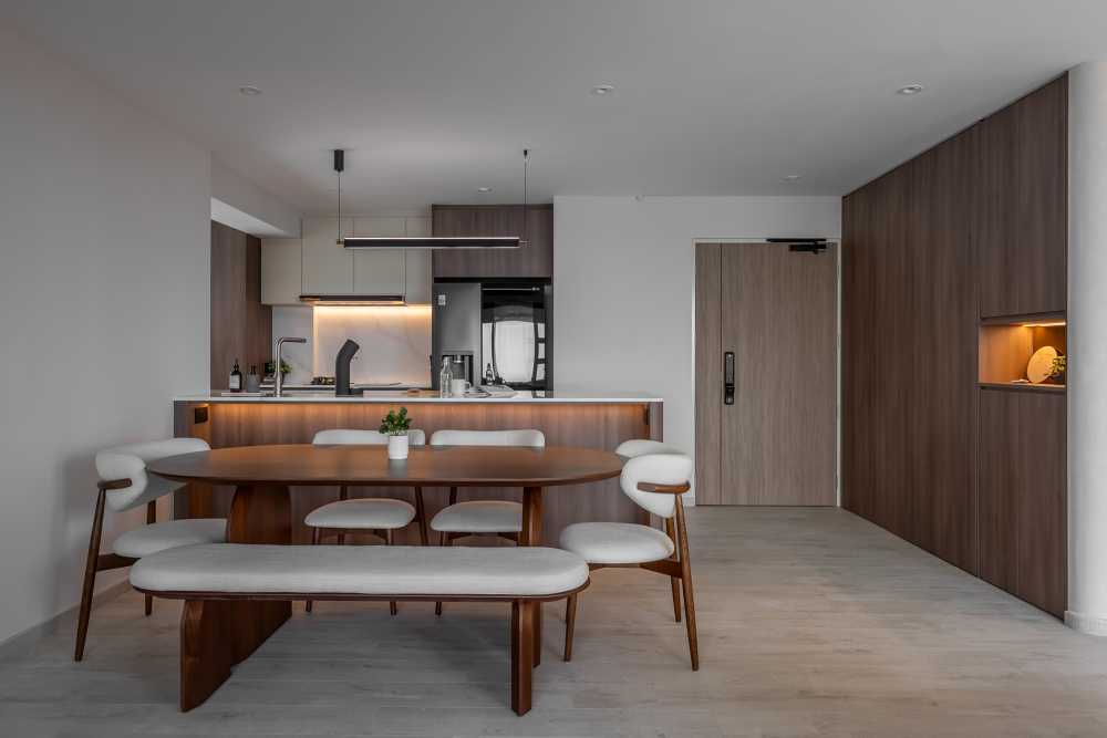 minimalist kitchen with kitchen island and cupboard