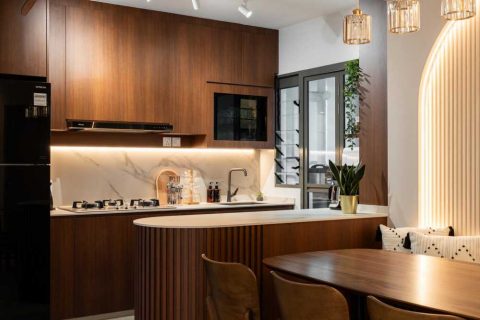 modern kitchen with wood flooring and kitchen window