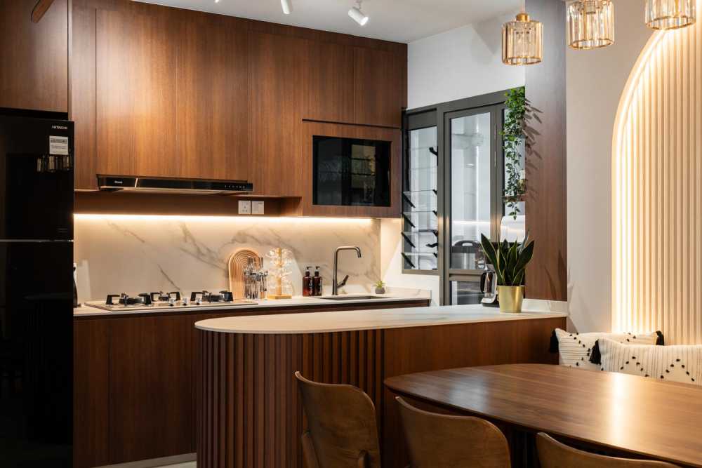modern kitchen with wood flooring and kitchen window