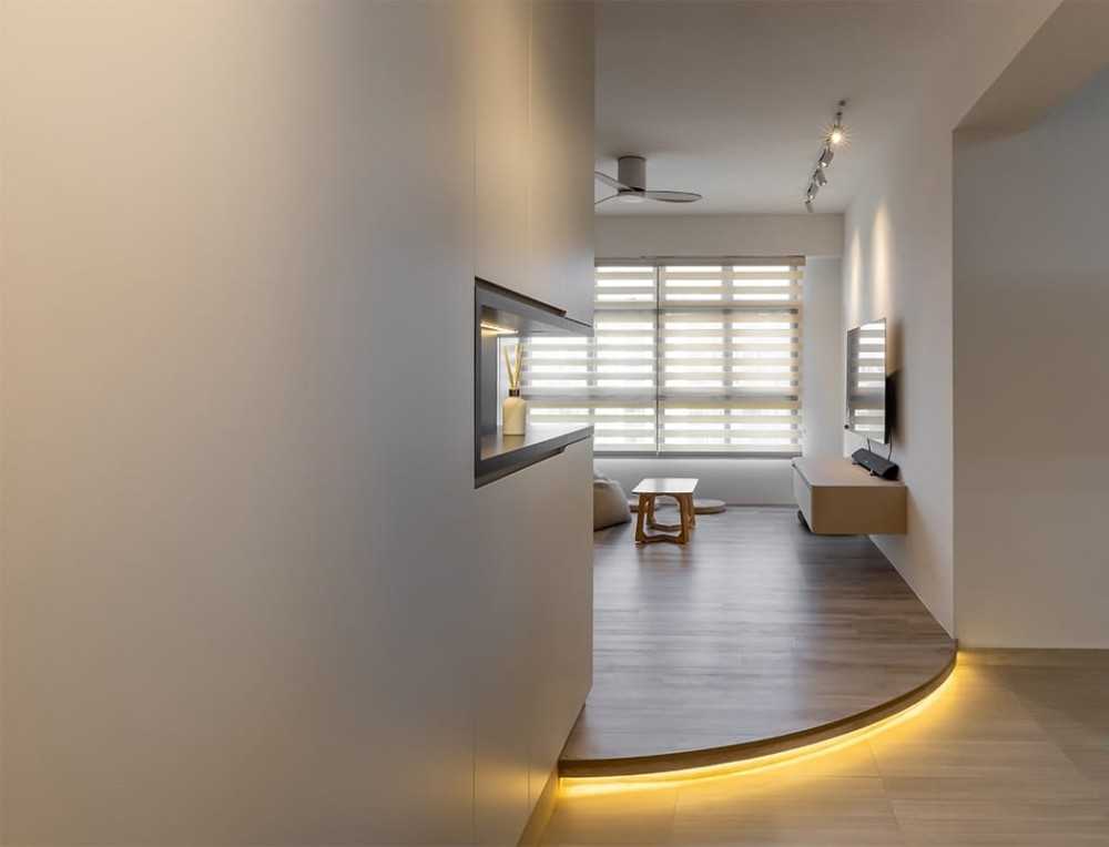 asian living room with tv console and roller blinds