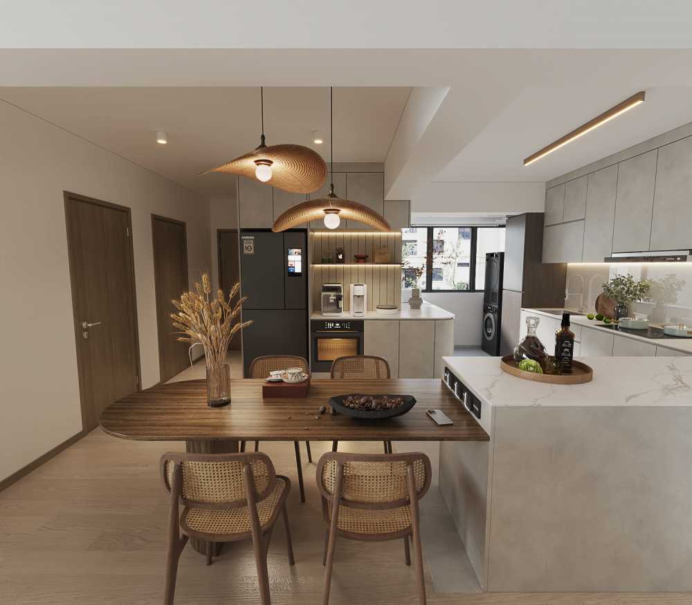 contemporary kitchen with countertop and vinyl flooring