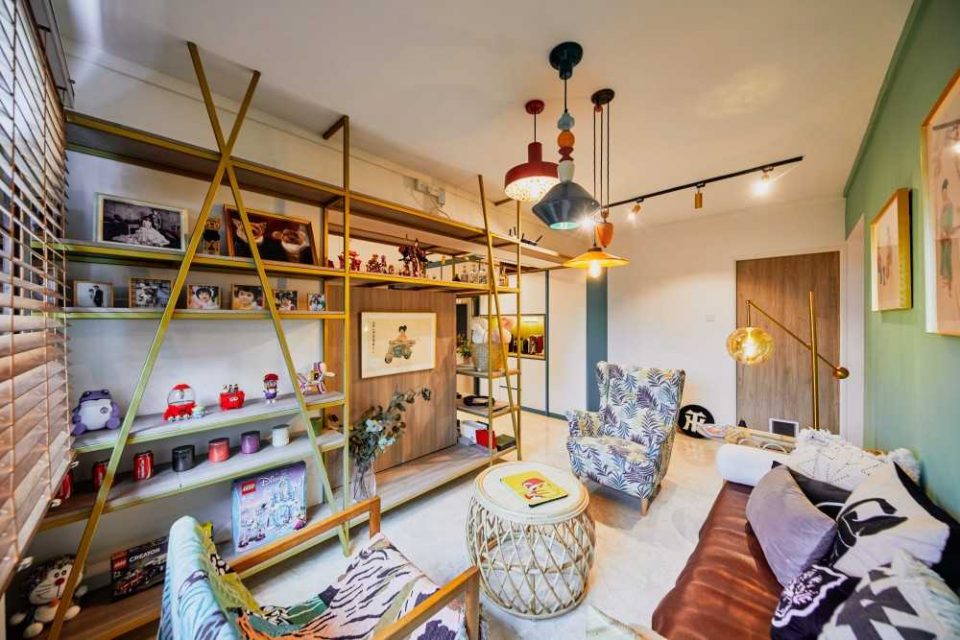 eclectic living room with marble floor and tv console