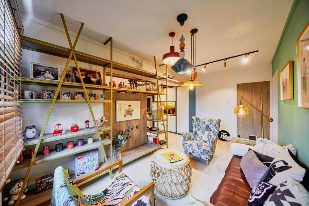 eclectic living room with marble floor and tv console