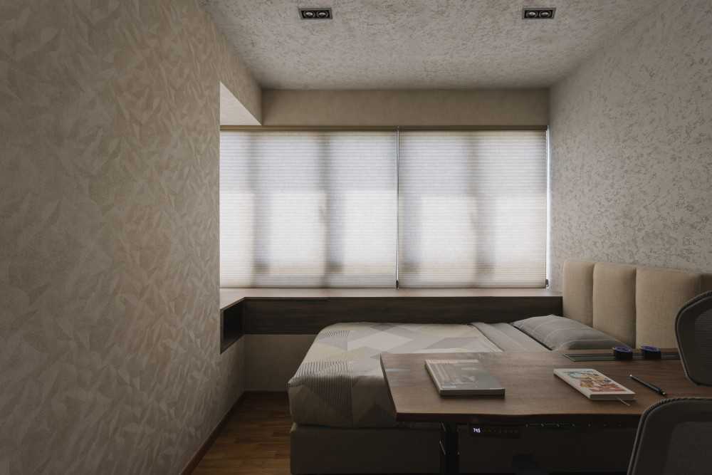 minimalist bedroom with bay window and wallpaper
