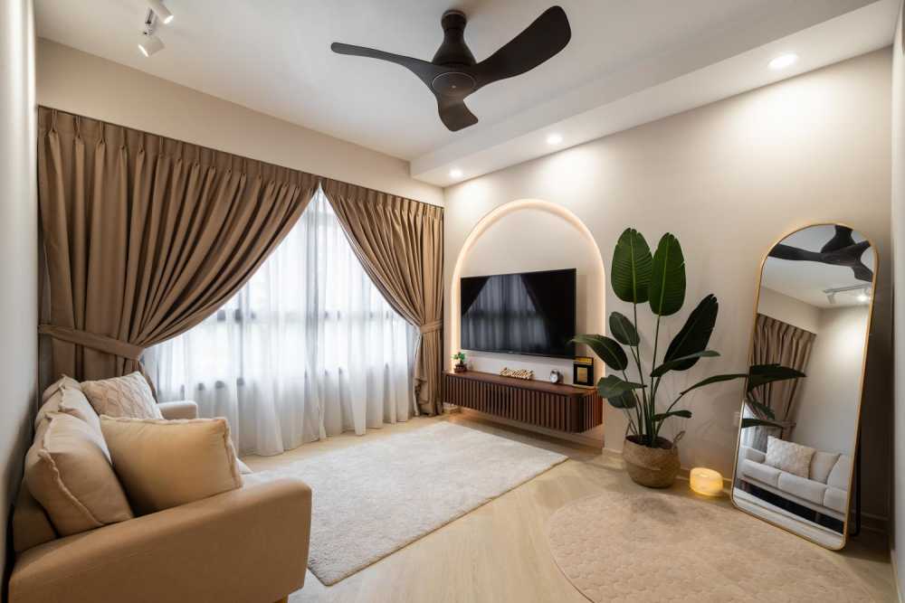 modern living room with vinyl flooring and tv console