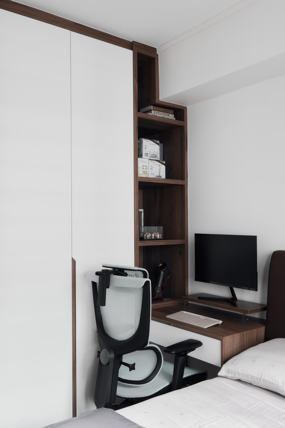 modern bedroom with platform bed and wardrobe