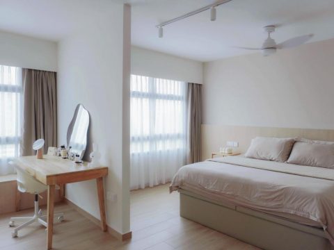 modern bedroom with vinyl flooring and homogeneous tiles