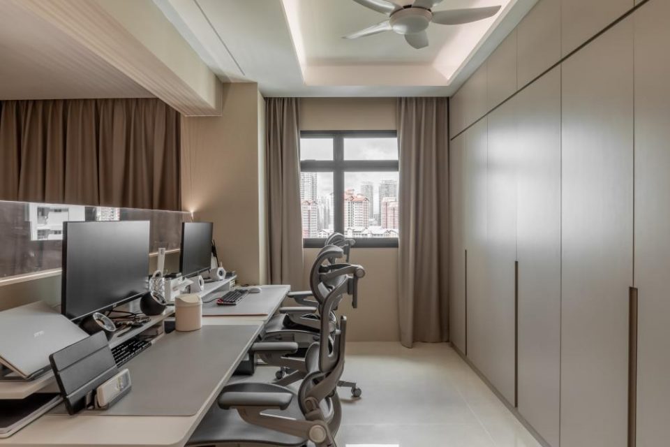 contemporary study with platform bed and cove lighting