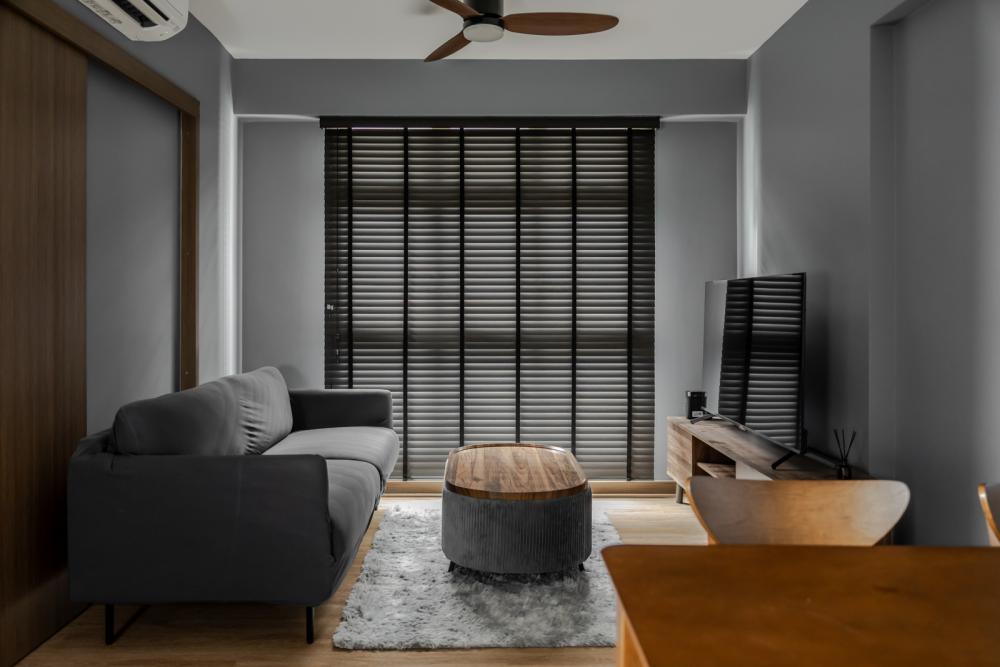 industrial living room with vinyl flooring and tv console