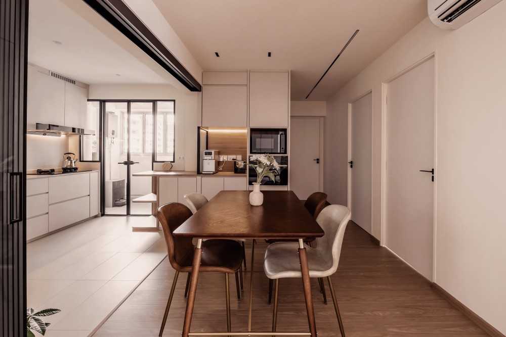 minimalist dining room with dining table and storage cabinets