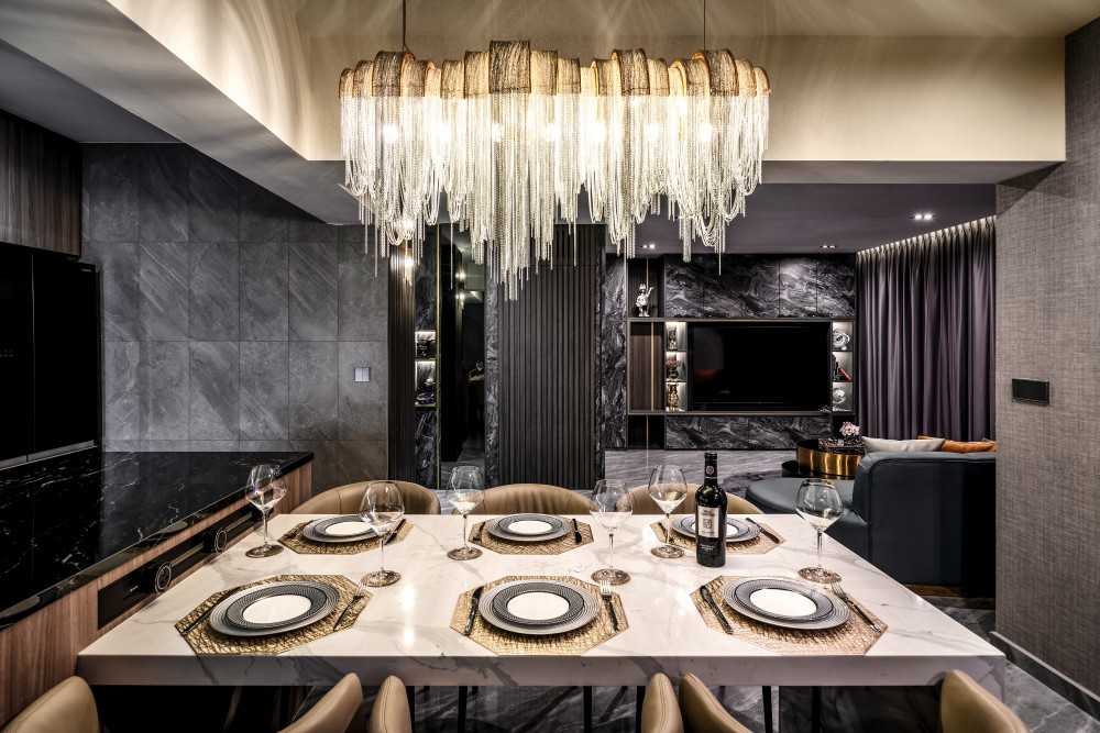modern dining room with chandelier and dining table