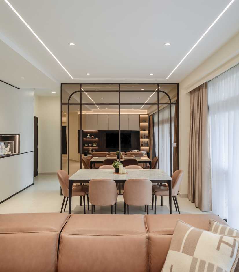 modern dining room with mirror and dining table