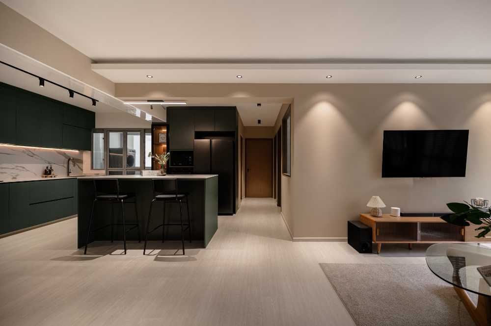 modern living room with bookshelf and herringbone tiling