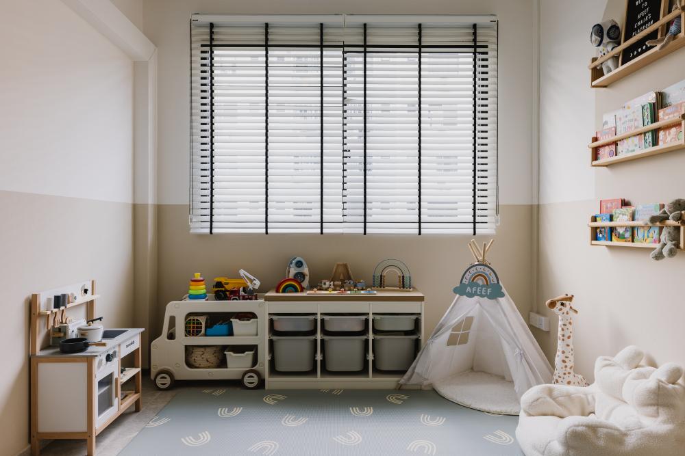 scandinavian kids room with bookshelf and toys