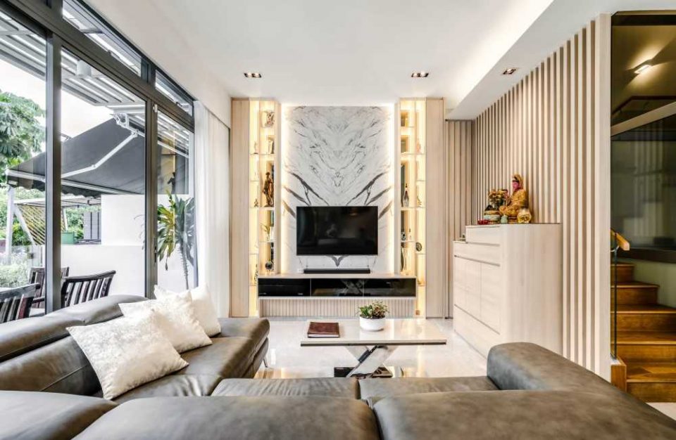 scandinavian living room with feature wall and sofa