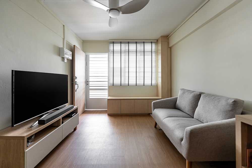 scandinavian living room with vinyl flooring and tv console