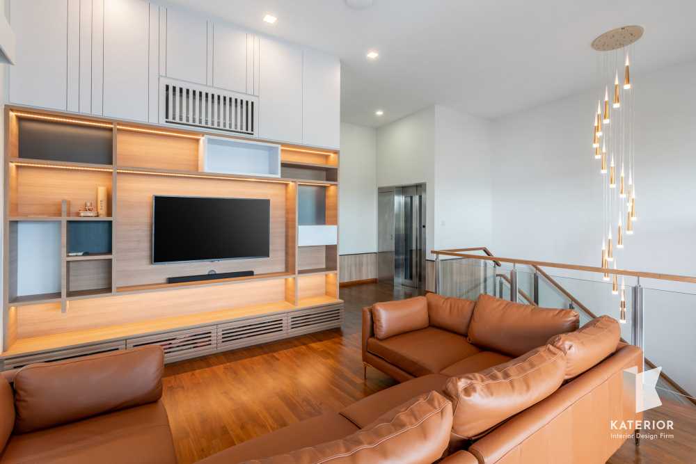 scandinavian mezzanine with display cabinets and open storage