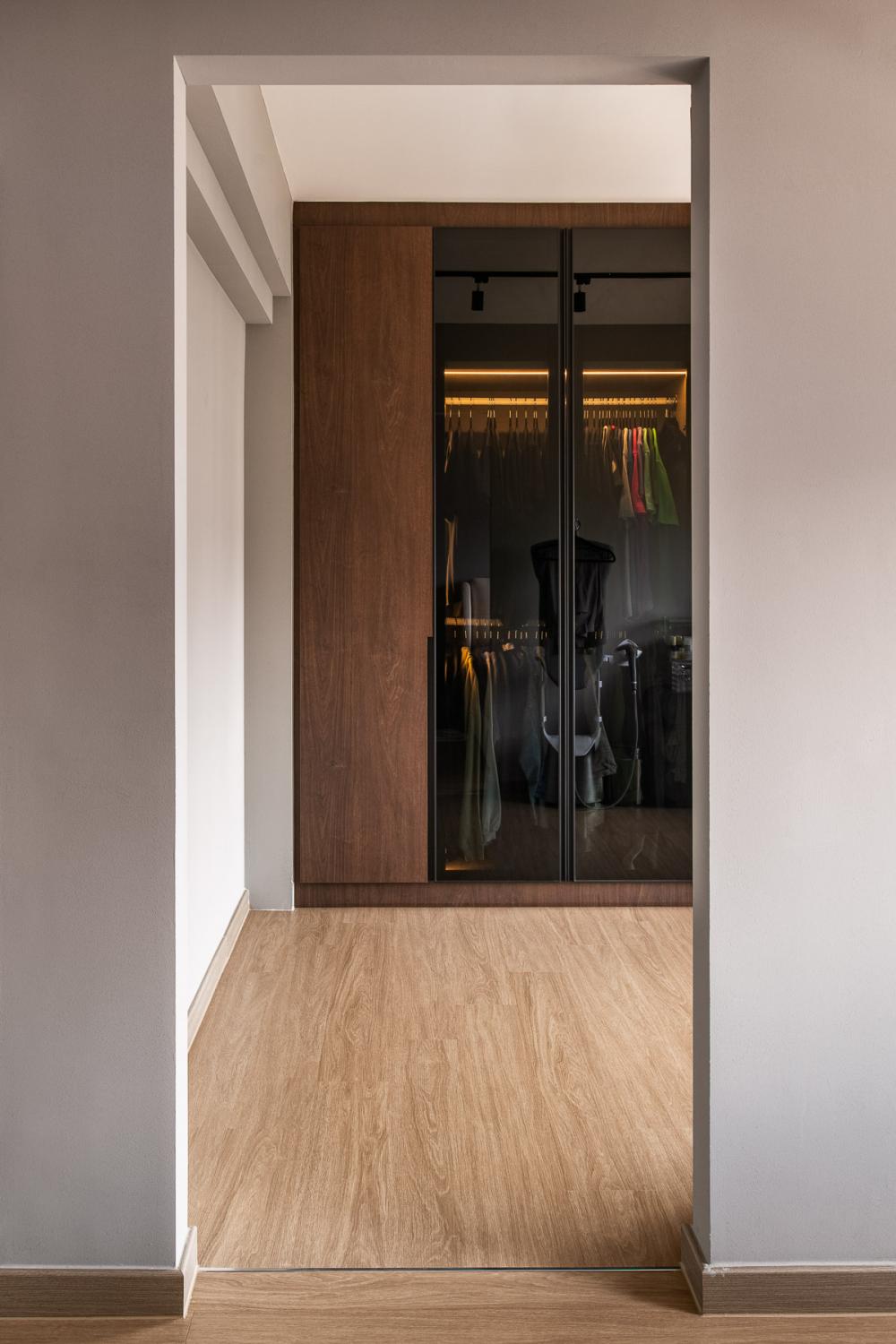 industrial bedroom with vinyl flooring and wardrobe
