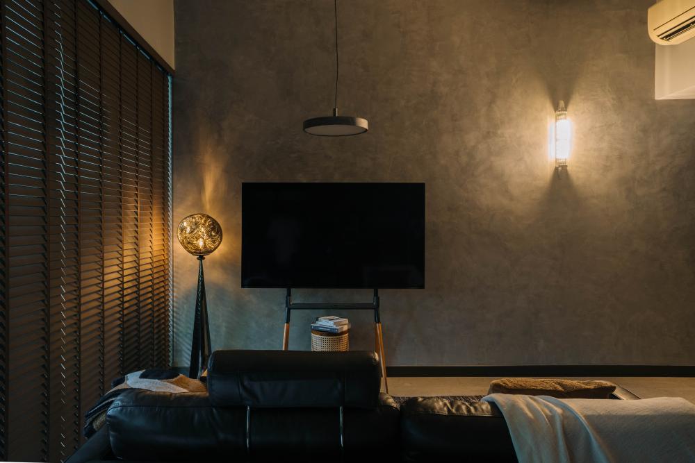 industrial living room with feature wall and sofa
