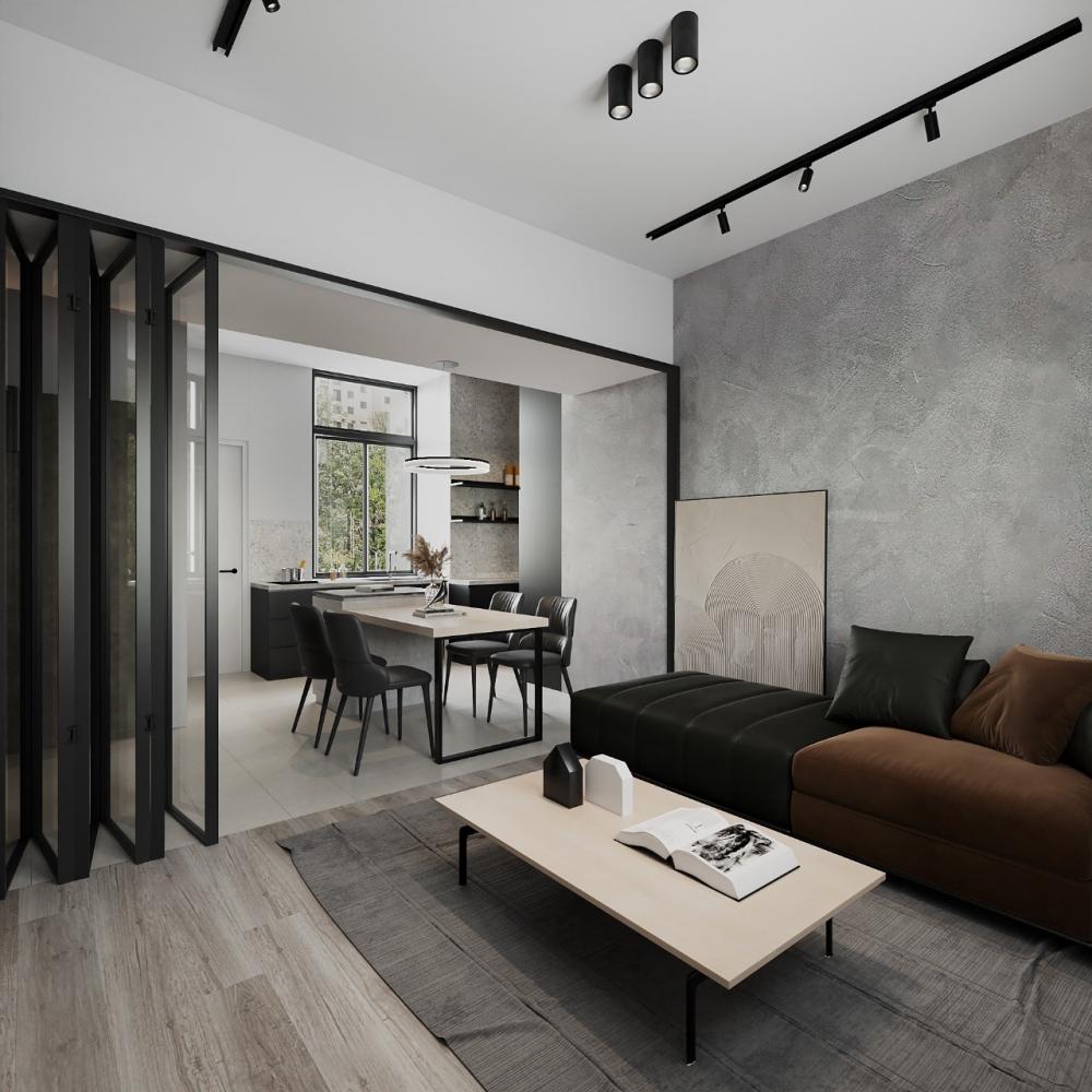 industrial living room with vinyl flooring and drop ceiling