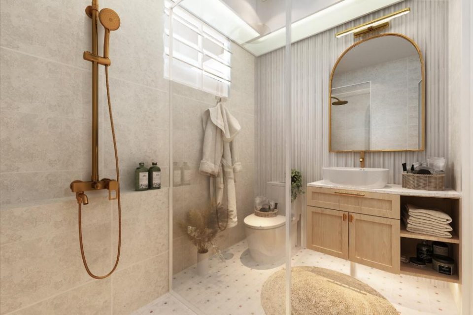 modern bathroom with countertop and homogeneous tiles