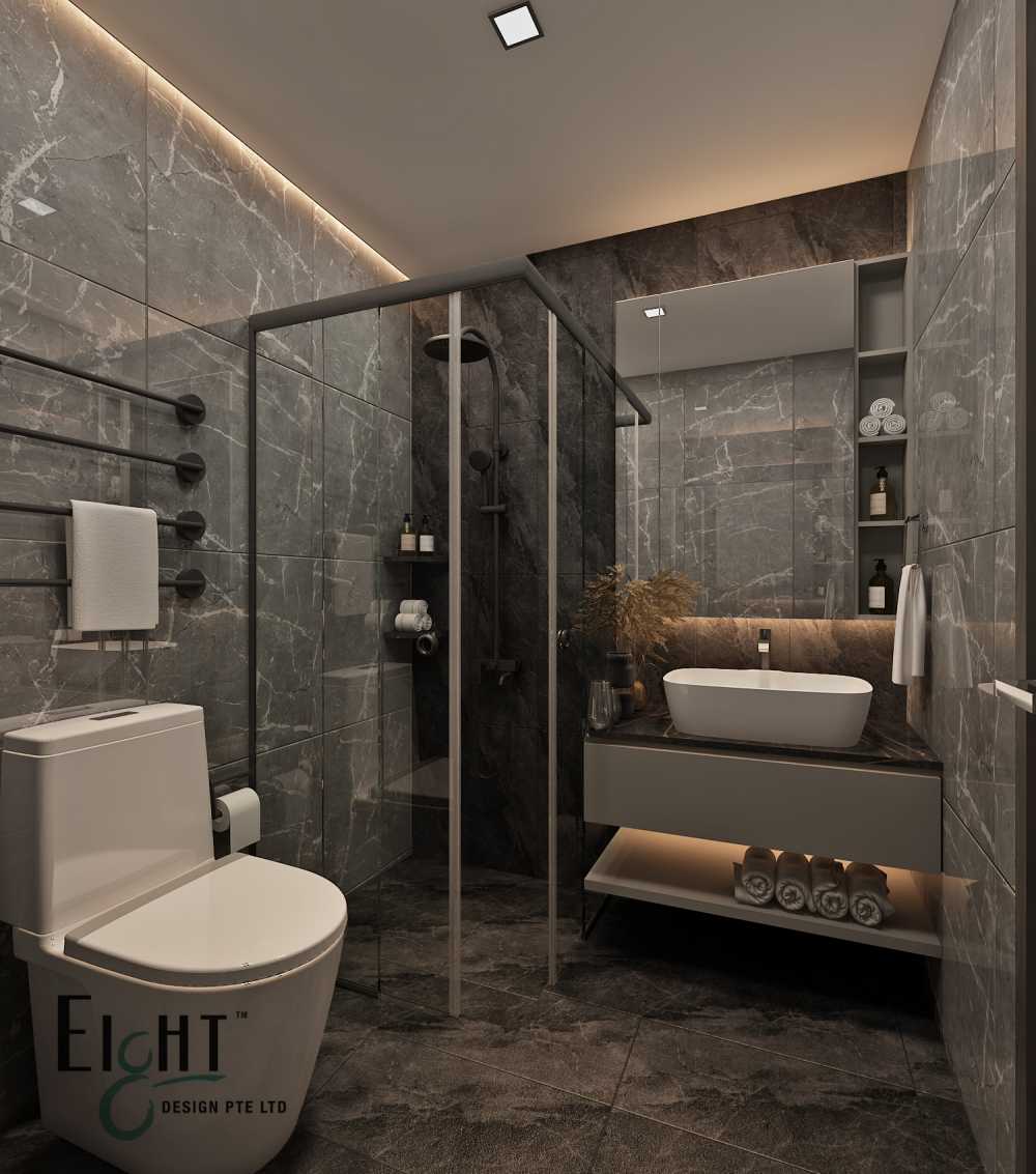 modern bathroom with countertop and shower screen