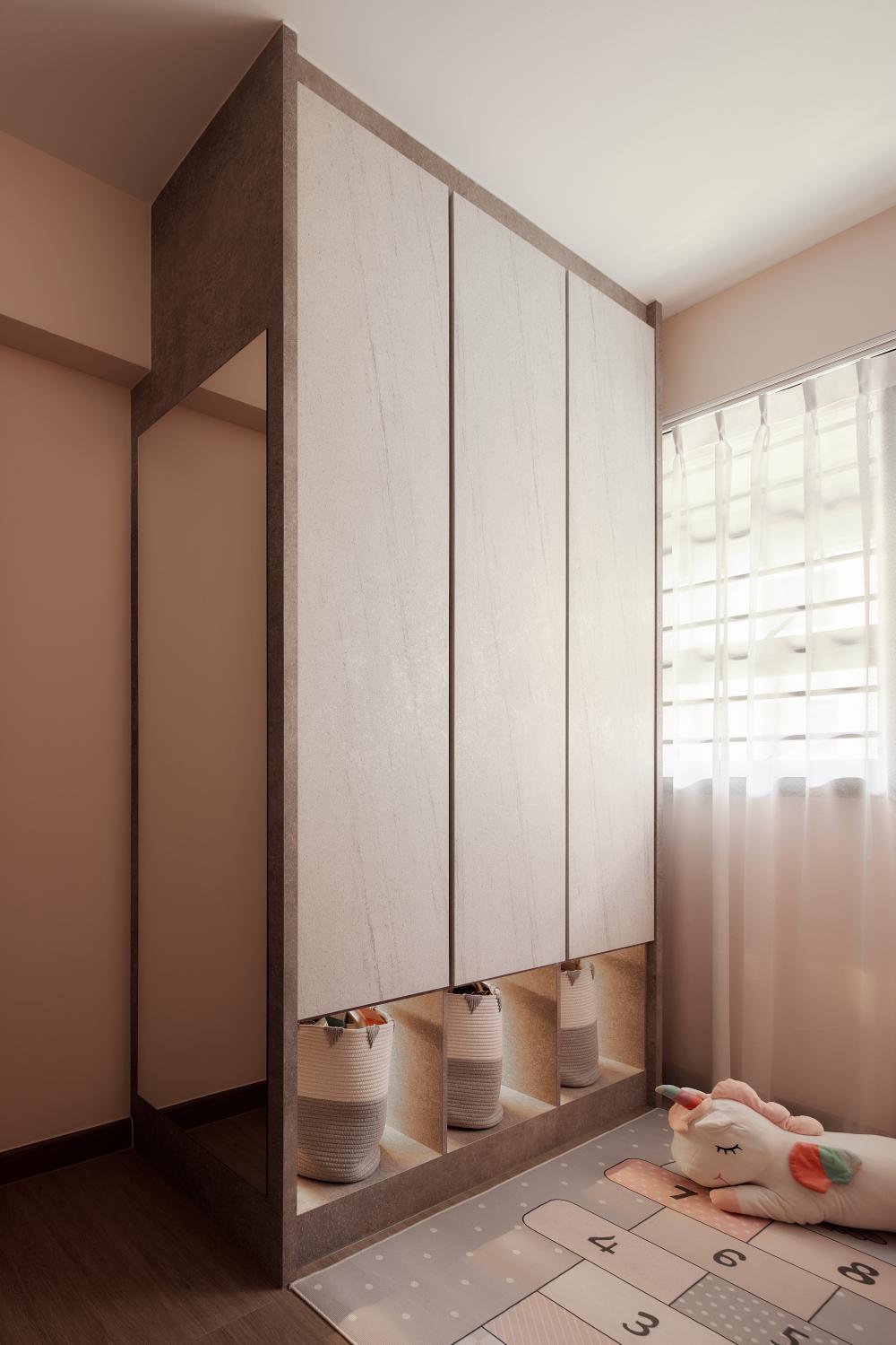 scandinavian bedroom with wardrobe and closet