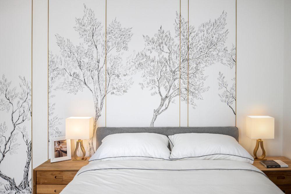 asian bedroom with wallpaper and bedside table