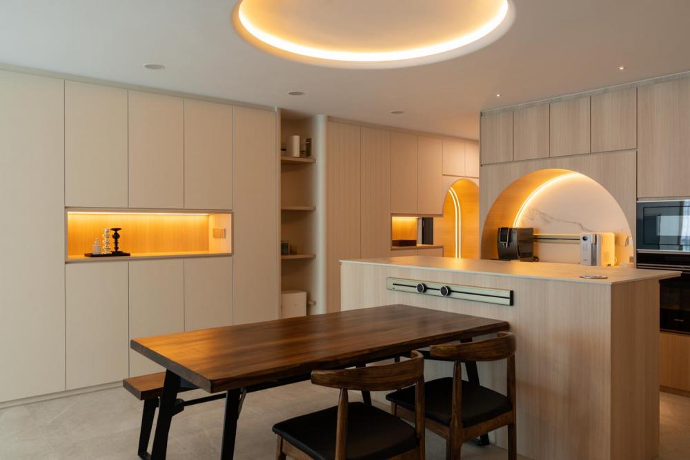 contemporary dining room with ceiling light and dining table