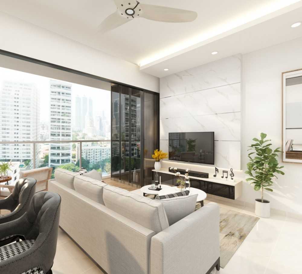 contemporary living room with homogeneous tiles and parquet floor